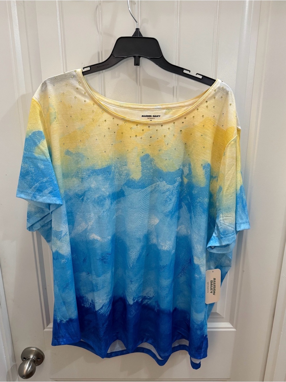 New Allison Daley Yellow to Blue Ombre rhinestone Accented Short Sleeve Tee 3x